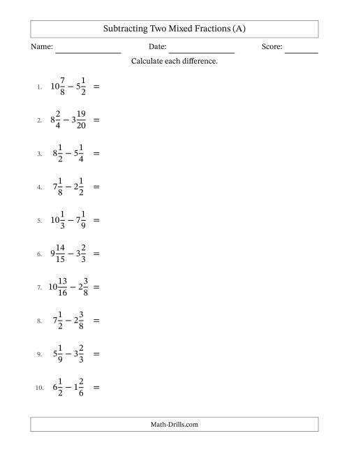 The Subtracting Two Mixed Fractions with Similar Denominators, Mixed Fractions Results and No Simplifying (All) Math Worksheet