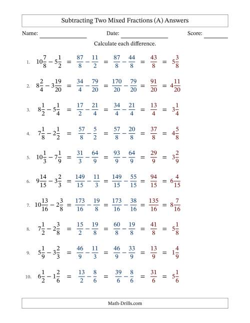 The Subtracting Two Mixed Fractions with Similar Denominators, Mixed Fractions Results and No Simplifying (All) Math Worksheet Page 2