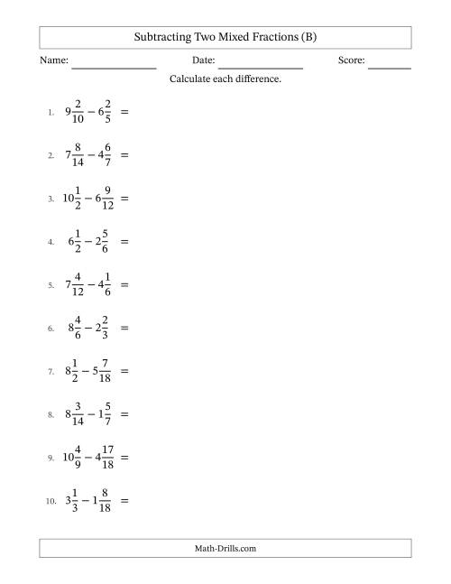 The Subtracting Two Mixed Fractions with Similar Denominators, Mixed Fractions Results and All Simplifying (B) Math Worksheet
