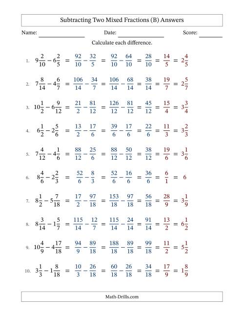 The Subtracting Two Mixed Fractions with Similar Denominators, Mixed Fractions Results and All Simplifying (B) Math Worksheet Page 2