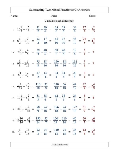 The Subtracting Two Mixed Fractions with Similar Denominators, Mixed Fractions Results and All Simplifying (C) Math Worksheet Page 2