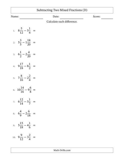 The Subtracting Two Mixed Fractions with Similar Denominators, Mixed Fractions Results and All Simplifying (D) Math Worksheet