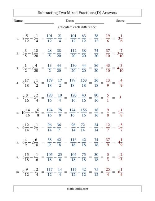 The Subtracting Two Mixed Fractions with Similar Denominators, Mixed Fractions Results and All Simplifying (D) Math Worksheet Page 2