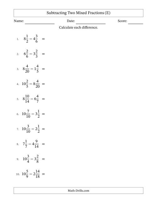 The Subtracting Two Mixed Fractions with Similar Denominators, Mixed Fractions Results and All Simplifying (E) Math Worksheet