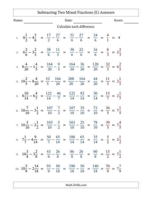 The Subtracting Two Mixed Fractions with Similar Denominators, Mixed Fractions Results and All Simplifying (E) Math Worksheet Page 2