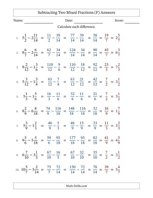 The Subtracting Two Mixed Fractions with Similar Denominators, Mixed Fractions Results and All Simplifying (F) Math Worksheet Page 2