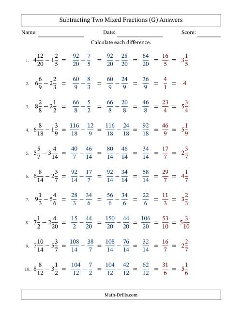 The Subtracting Two Mixed Fractions with Similar Denominators, Mixed Fractions Results and All Simplifying (G) Math Worksheet Page 2