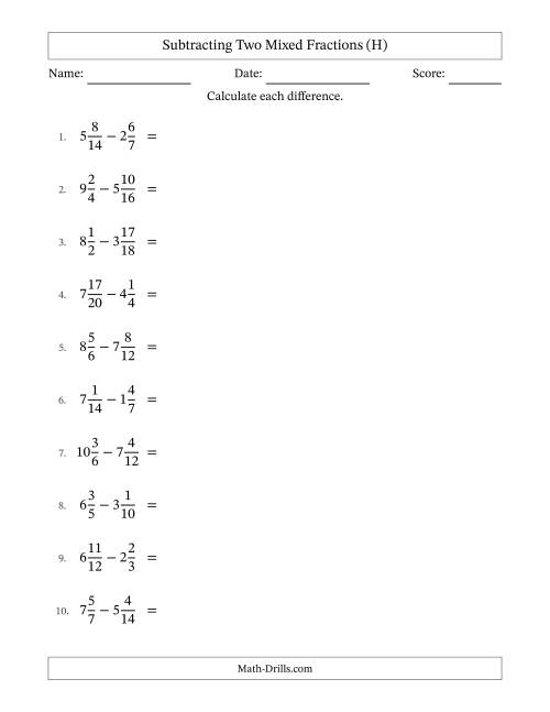 The Subtracting Two Mixed Fractions with Similar Denominators, Mixed Fractions Results and All Simplifying (H) Math Worksheet