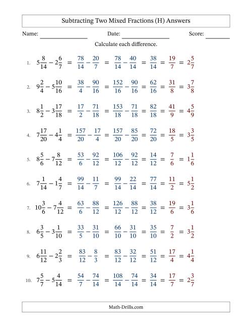 The Subtracting Two Mixed Fractions with Similar Denominators, Mixed Fractions Results and All Simplifying (H) Math Worksheet Page 2