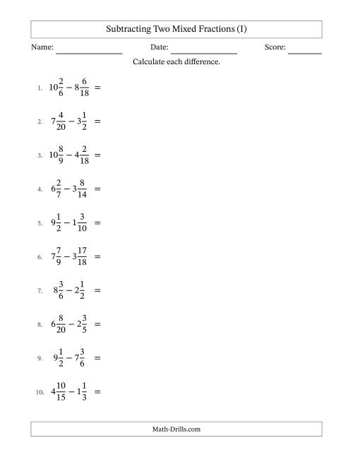 The Subtracting Two Mixed Fractions with Similar Denominators, Mixed Fractions Results and All Simplifying (I) Math Worksheet