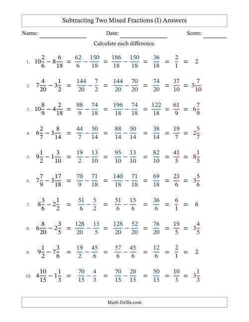 The Subtracting Two Mixed Fractions with Similar Denominators, Mixed Fractions Results and All Simplifying (I) Math Worksheet Page 2