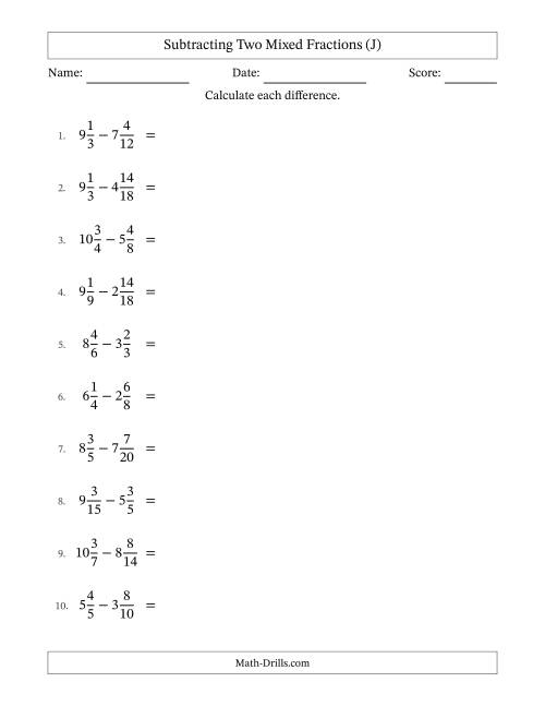 The Subtracting Two Mixed Fractions with Similar Denominators, Mixed Fractions Results and All Simplifying (J) Math Worksheet