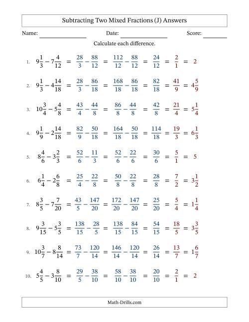The Subtracting Two Mixed Fractions with Similar Denominators, Mixed Fractions Results and All Simplifying (J) Math Worksheet Page 2