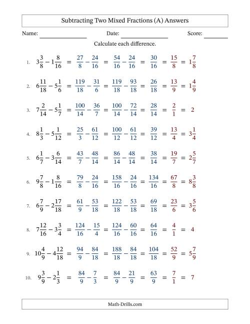 The Subtracting Two Mixed Fractions with Similar Denominators, Mixed Fractions Results and All Simplifying (All) Math Worksheet Page 2