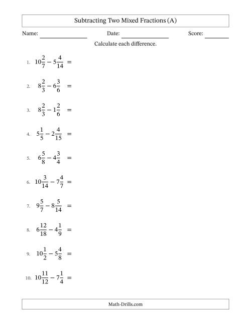 The Subtracting Two Mixed Fractions with Similar Denominators, Mixed Fractions Results and Some Simplifying (A) Math Worksheet