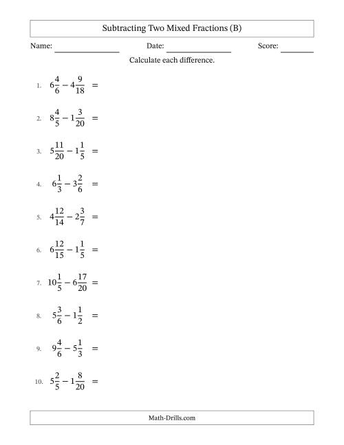 The Subtracting Two Mixed Fractions with Similar Denominators, Mixed Fractions Results and Some Simplifying (B) Math Worksheet