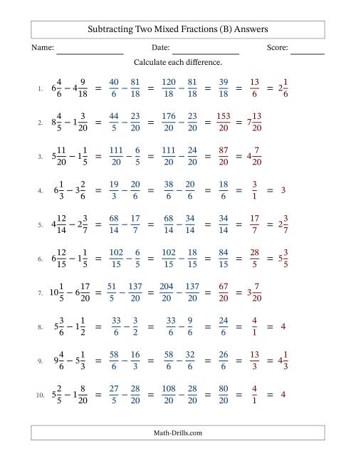The Subtracting Two Mixed Fractions with Similar Denominators, Mixed Fractions Results and Some Simplifying (B) Math Worksheet Page 2