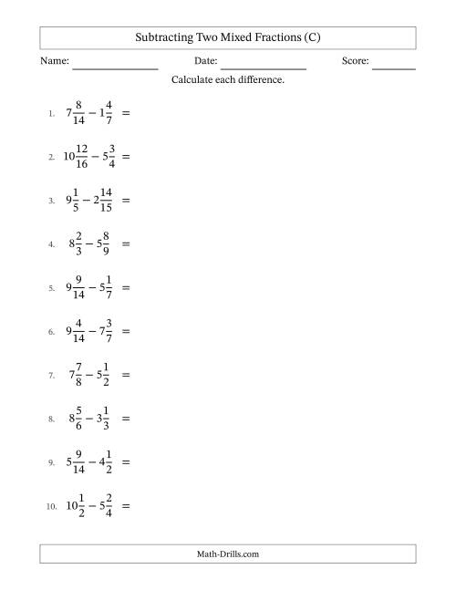 The Subtracting Two Mixed Fractions with Similar Denominators, Mixed Fractions Results and Some Simplifying (C) Math Worksheet
