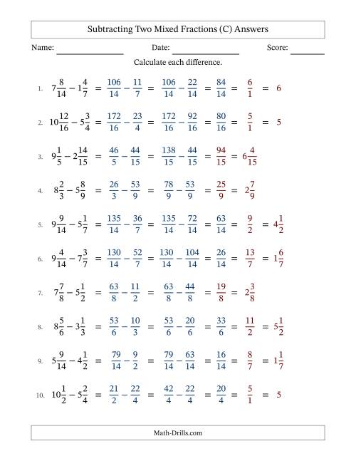 The Subtracting Two Mixed Fractions with Similar Denominators, Mixed Fractions Results and Some Simplifying (C) Math Worksheet Page 2