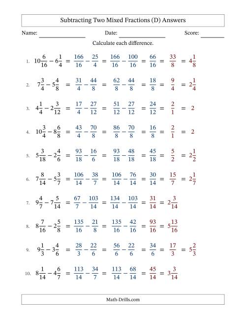 The Subtracting Two Mixed Fractions with Similar Denominators, Mixed Fractions Results and Some Simplifying (D) Math Worksheet Page 2