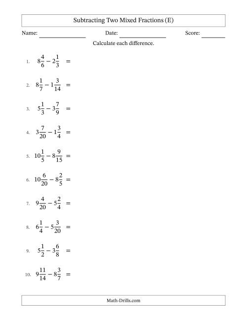 The Subtracting Two Mixed Fractions with Similar Denominators, Mixed Fractions Results and Some Simplifying (E) Math Worksheet