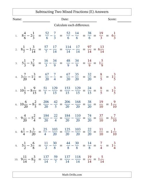 The Subtracting Two Mixed Fractions with Similar Denominators, Mixed Fractions Results and Some Simplifying (E) Math Worksheet Page 2
