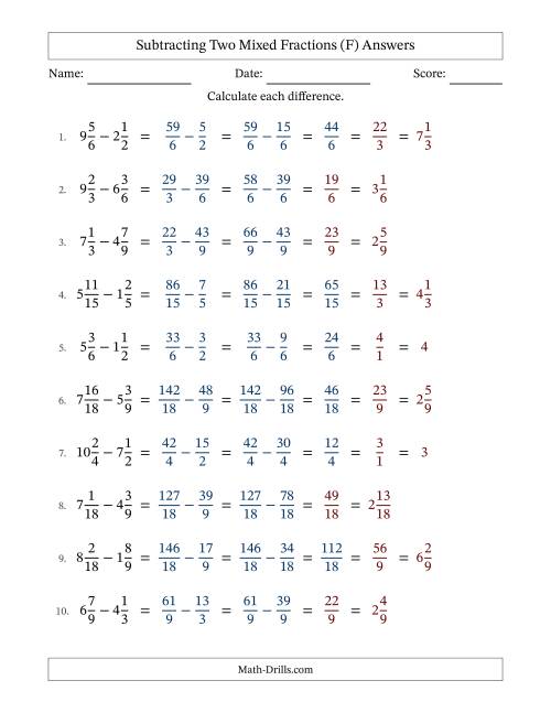 The Subtracting Two Mixed Fractions with Similar Denominators, Mixed Fractions Results and Some Simplifying (F) Math Worksheet Page 2