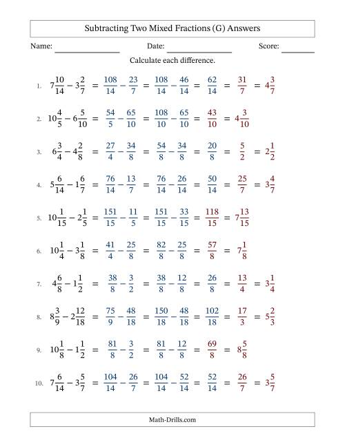 The Subtracting Two Mixed Fractions with Similar Denominators, Mixed Fractions Results and Some Simplifying (G) Math Worksheet Page 2