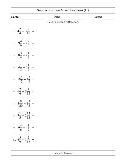 The Subtracting Two Mixed Fractions with Similar Denominators, Mixed Fractions Results and Some Simplifying (H) Math Worksheet