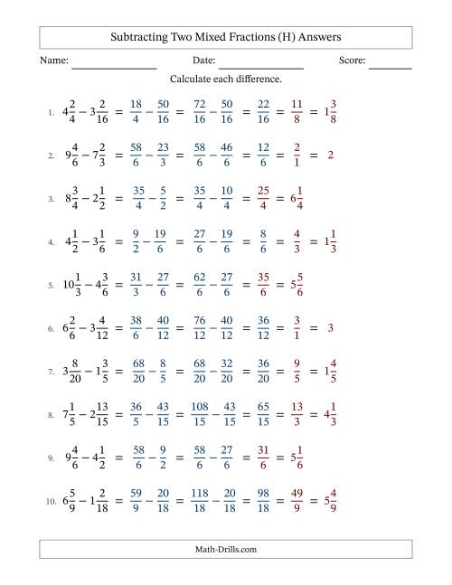 The Subtracting Two Mixed Fractions with Similar Denominators, Mixed Fractions Results and Some Simplifying (H) Math Worksheet Page 2