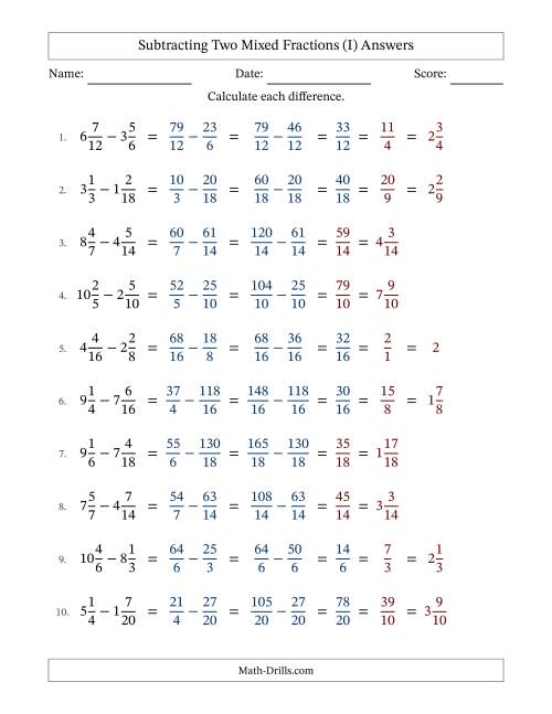 The Subtracting Two Mixed Fractions with Similar Denominators, Mixed Fractions Results and Some Simplifying (I) Math Worksheet Page 2