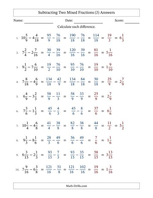 The Subtracting Two Mixed Fractions with Similar Denominators, Mixed Fractions Results and Some Simplifying (J) Math Worksheet Page 2