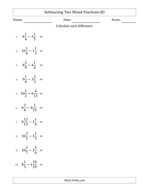 The Subtracting Two Mixed Fractions with Unlike Denominators, Mixed Fractions Results and No Simplifying (B) Math Worksheet