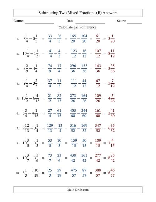 The Subtracting Two Mixed Fractions with Unlike Denominators, Mixed Fractions Results and No Simplifying (B) Math Worksheet Page 2