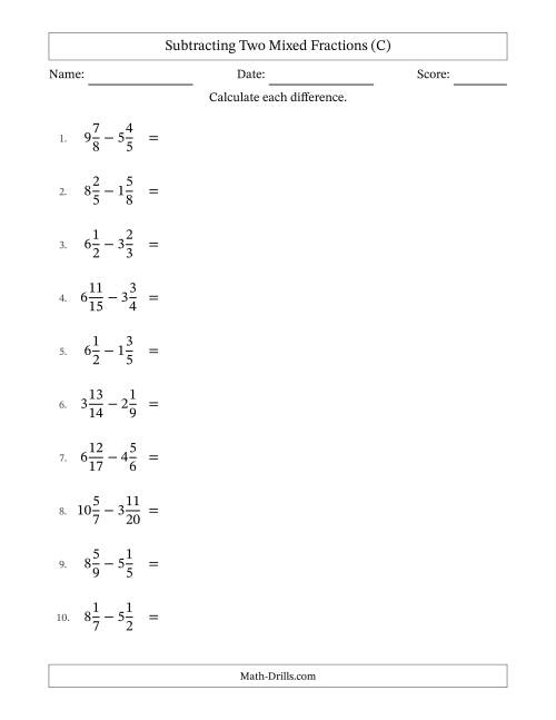 The Subtracting Two Mixed Fractions with Unlike Denominators, Mixed Fractions Results and No Simplifying (C) Math Worksheet