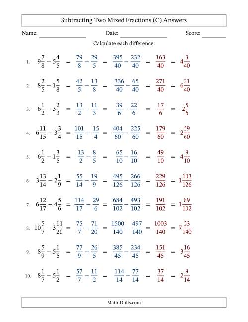 The Subtracting Two Mixed Fractions with Unlike Denominators, Mixed Fractions Results and No Simplifying (C) Math Worksheet Page 2