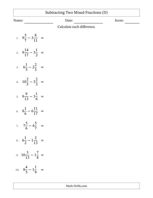 The Subtracting Two Mixed Fractions with Unlike Denominators, Mixed Fractions Results and No Simplifying (D) Math Worksheet