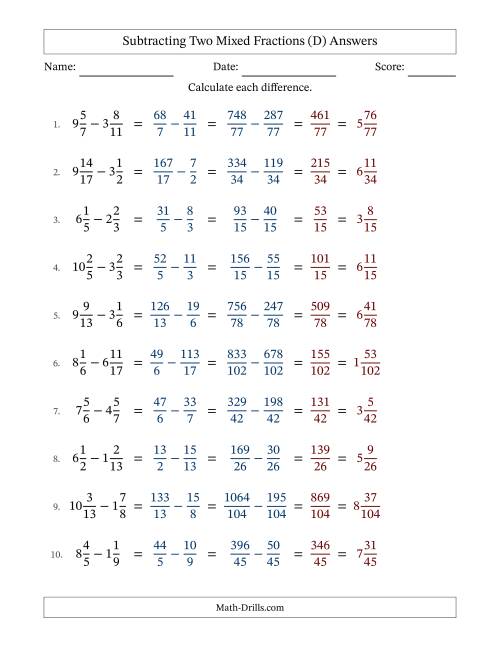 The Subtracting Two Mixed Fractions with Unlike Denominators, Mixed Fractions Results and No Simplifying (D) Math Worksheet Page 2