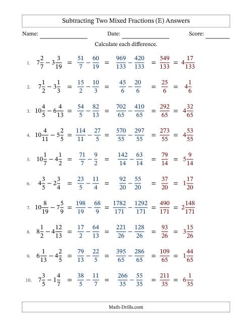 The Subtracting Two Mixed Fractions with Unlike Denominators, Mixed Fractions Results and No Simplifying (E) Math Worksheet Page 2