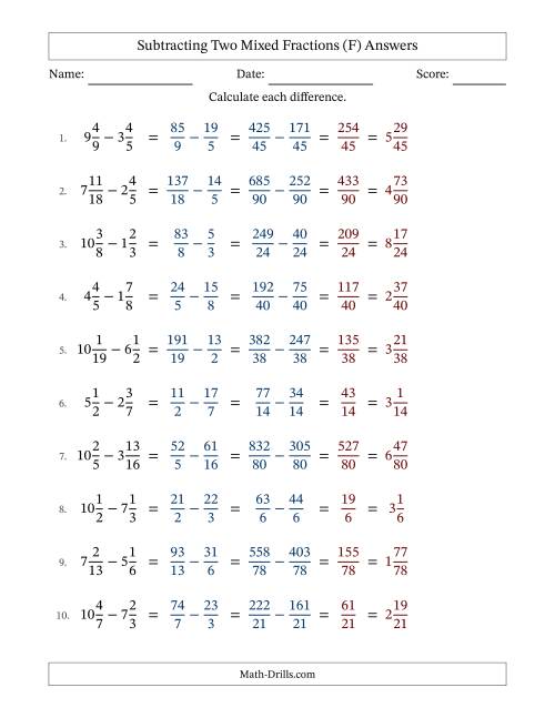 The Subtracting Two Mixed Fractions with Unlike Denominators, Mixed Fractions Results and No Simplifying (F) Math Worksheet Page 2