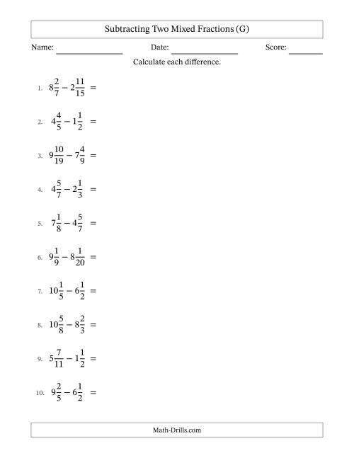 The Subtracting Two Mixed Fractions with Unlike Denominators, Mixed Fractions Results and No Simplifying (G) Math Worksheet