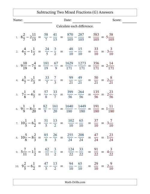 The Subtracting Two Mixed Fractions with Unlike Denominators, Mixed Fractions Results and No Simplifying (G) Math Worksheet Page 2
