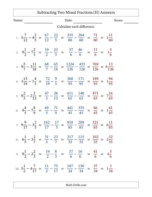 The Subtracting Two Mixed Fractions with Unlike Denominators, Mixed Fractions Results and No Simplifying (H) Math Worksheet Page 2