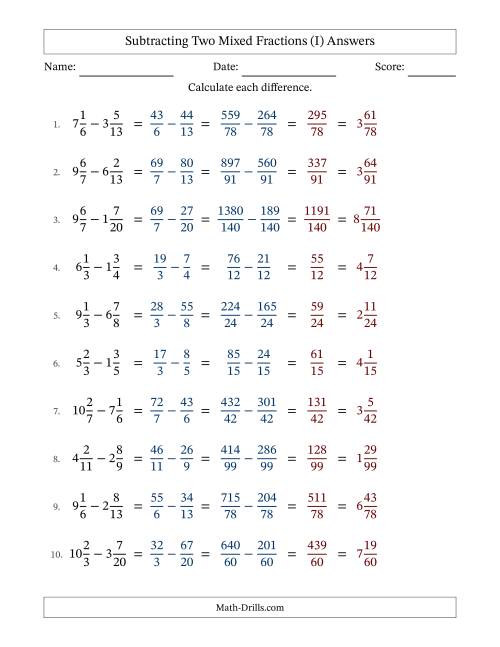 The Subtracting Two Mixed Fractions with Unlike Denominators, Mixed Fractions Results and No Simplifying (I) Math Worksheet Page 2