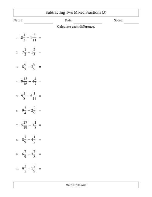 The Subtracting Two Mixed Fractions with Unlike Denominators, Mixed Fractions Results and No Simplifying (J) Math Worksheet