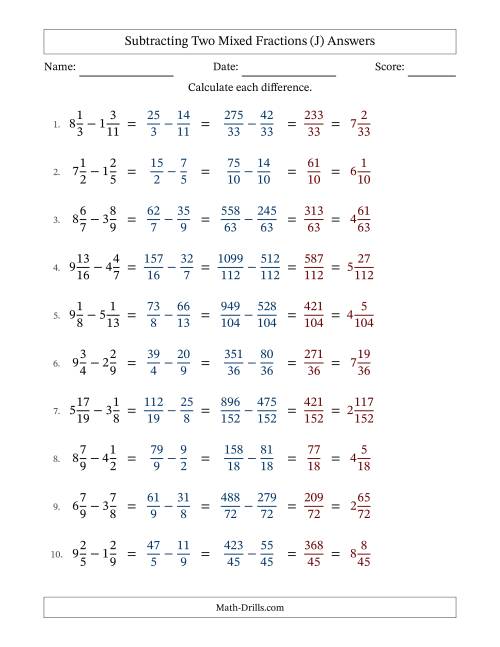 The Subtracting Two Mixed Fractions with Unlike Denominators, Mixed Fractions Results and No Simplifying (J) Math Worksheet Page 2