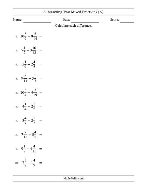 The Subtracting Two Mixed Fractions with Unlike Denominators, Mixed Fractions Results and No Simplifying (All) Math Worksheet