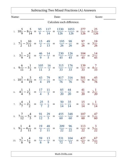 The Subtracting Two Mixed Fractions with Unlike Denominators, Mixed Fractions Results and No Simplifying (All) Math Worksheet Page 2