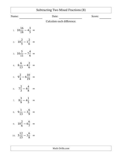 The Subtracting Two Mixed Fractions with Unlike Denominators, Mixed Fractions Results and All Simplifying (B) Math Worksheet