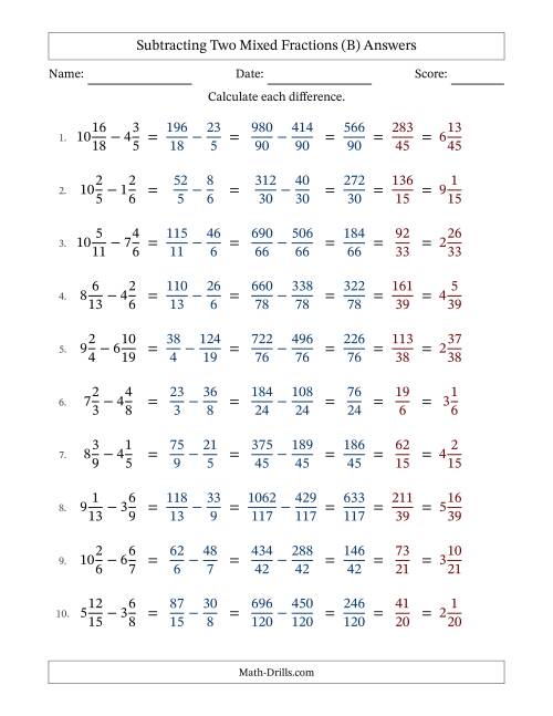 The Subtracting Two Mixed Fractions with Unlike Denominators, Mixed Fractions Results and All Simplifying (B) Math Worksheet Page 2